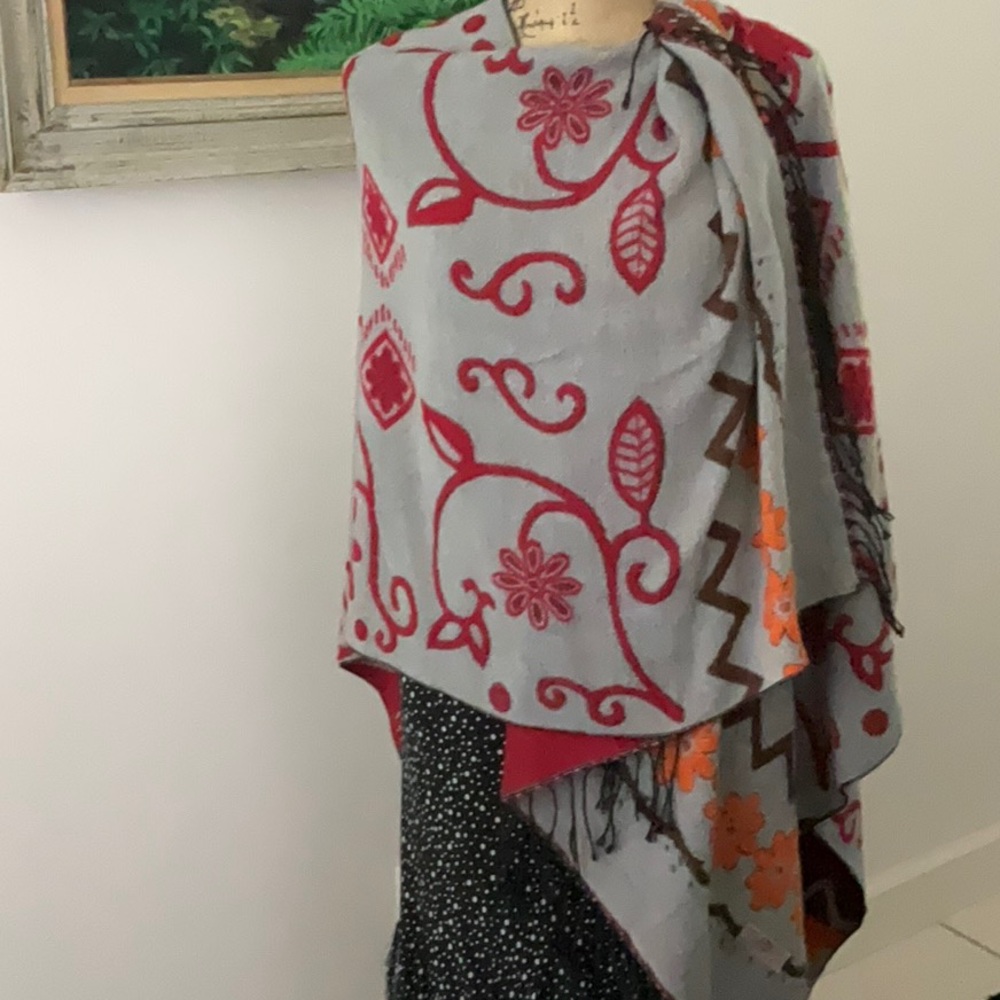 Vibrant Red and Orange Fringed Wrap